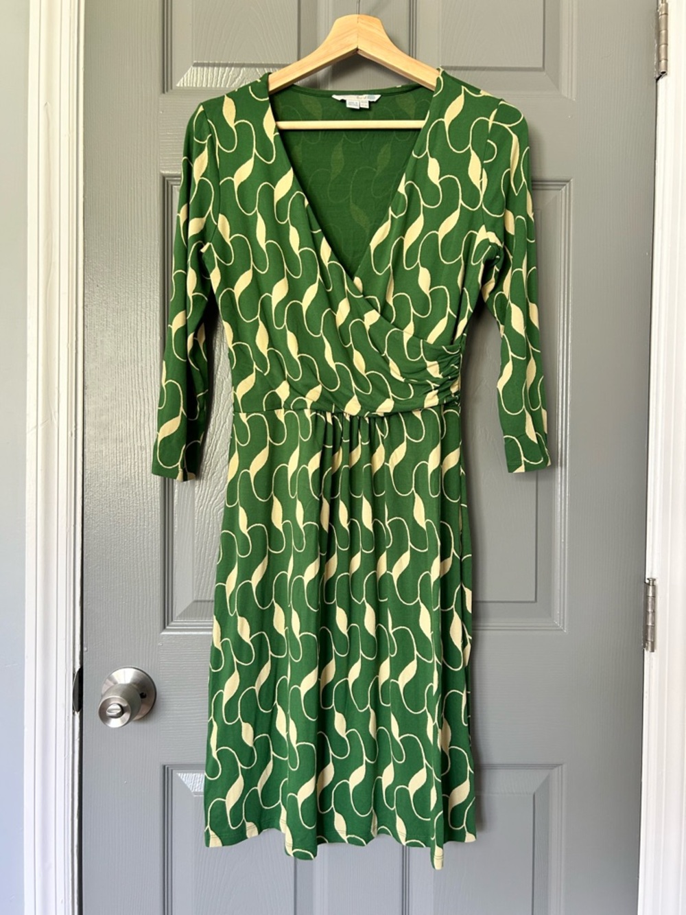 Boden Green and Cream Wrap-Style Long Sleeve Dress